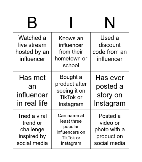 Influencer Bingo Card