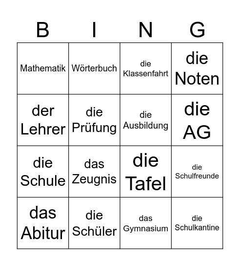 Schule Bingo Card