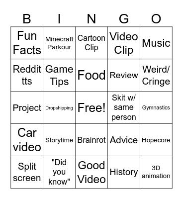 YT Shorts Bingo Card