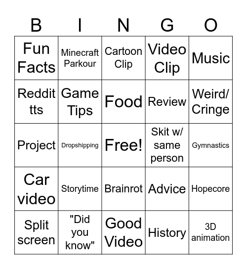 YT Shorts Bingo Card