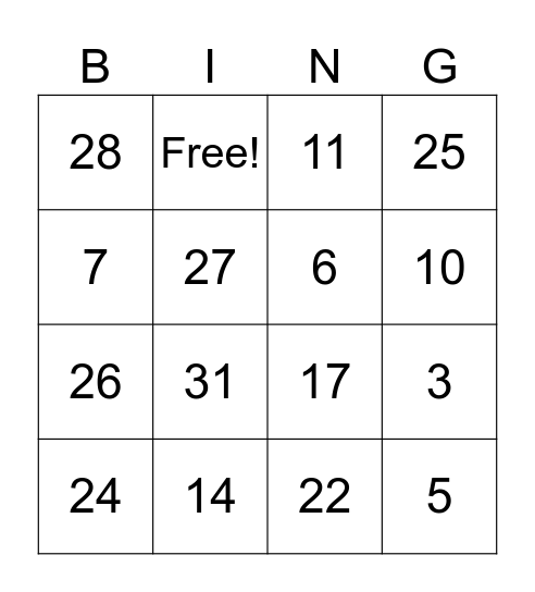 Números 1-30 Bingo Card