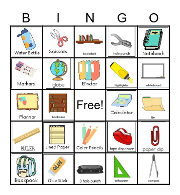 School supplies Bingo Card