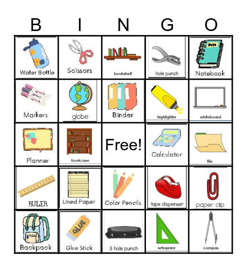 School supplies Bingo Card