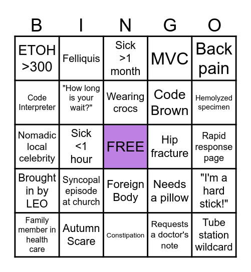 Sunday Funday ED Bingo Card