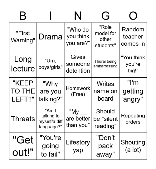 School Bingo Card