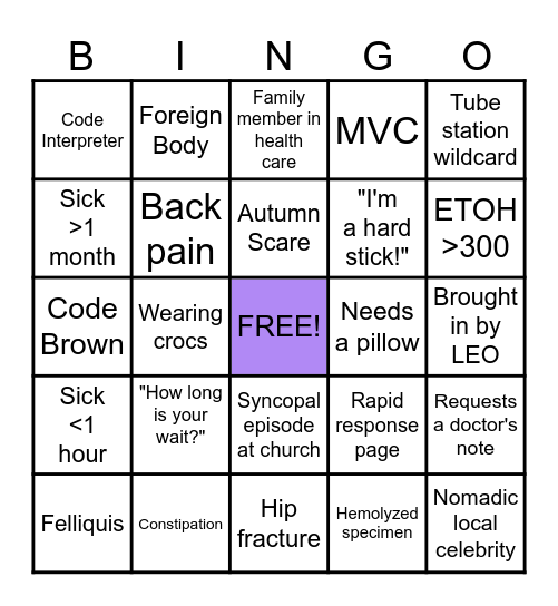 Sunday Funday ED Bingo Card