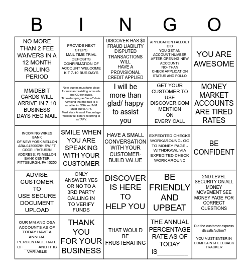 Front Office  Bingo Card