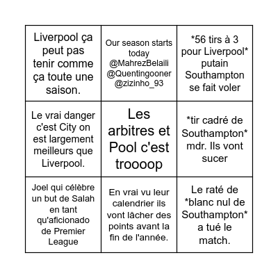 Southampton Liverpool (24/11/2024) Bingo Card