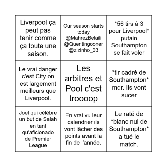 Southampton Liverpool (24/11/2024) Bingo Card