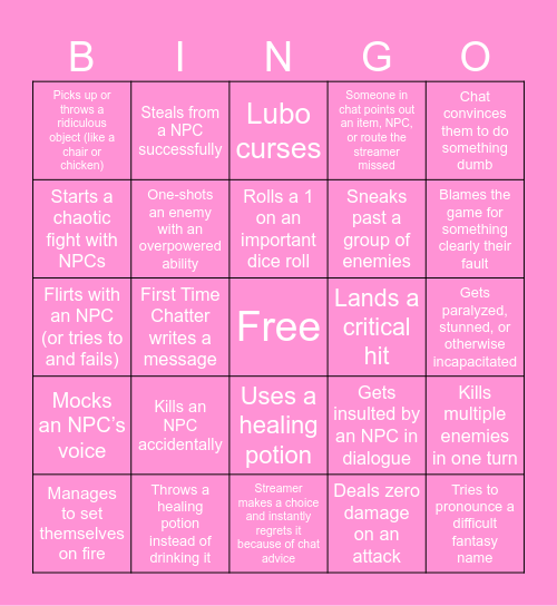 BG3 Bingo Card