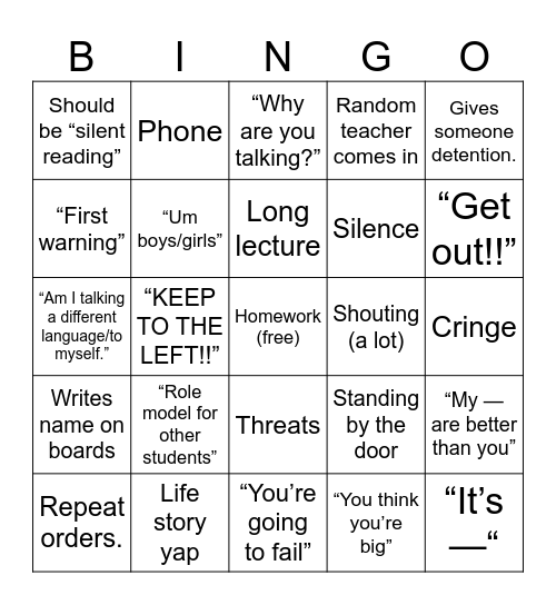 School Bingo Card