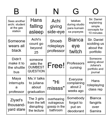 Daily life of an DMU Arch. student Bingo Card