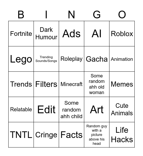 Youtube Shorts Bingo Card