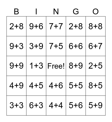 Addition Bingo Card