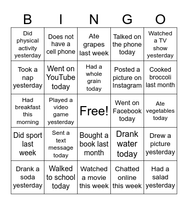 What Did You Do Bingo Card