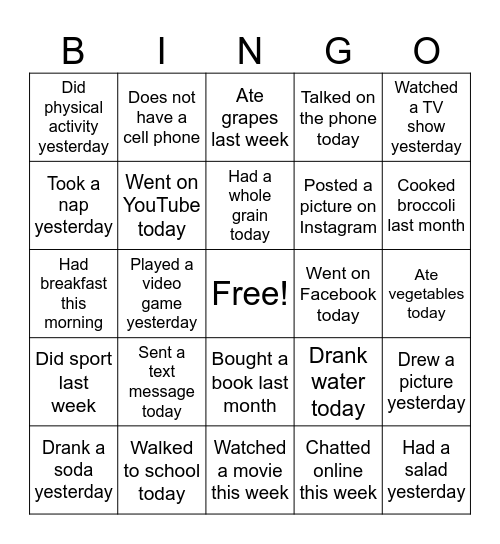 What Did You Do Bingo Card