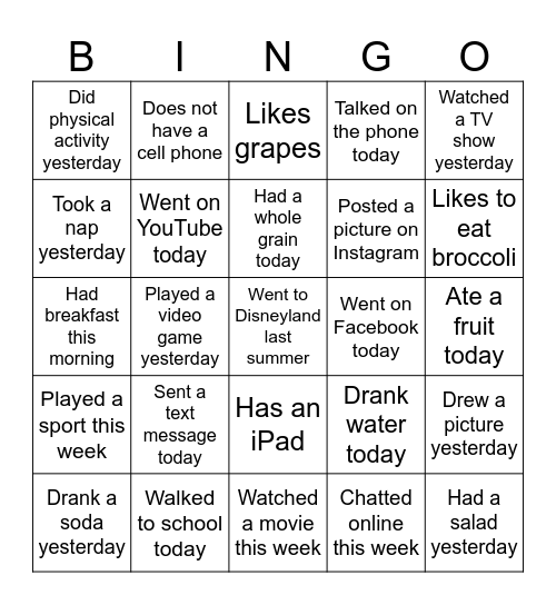 What Did You Do Bingo Card