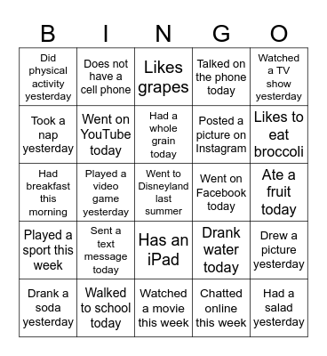 What Did You Do Bingo Card