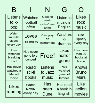 Entertainment: Find someone who Bingo Card