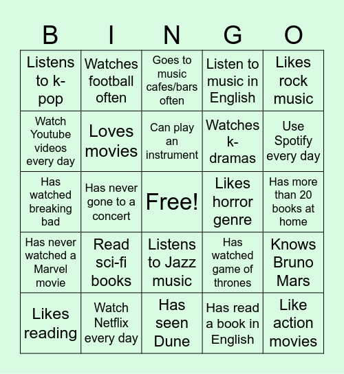 Entertainment: Find someone who Bingo Card