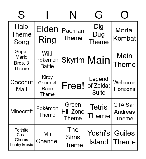 SINGO! Video Game Edition Bingo Card