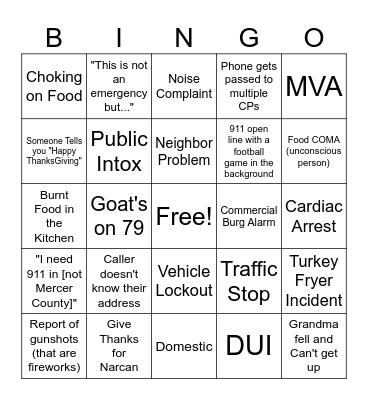 911 Thanksgiving Bingo Card