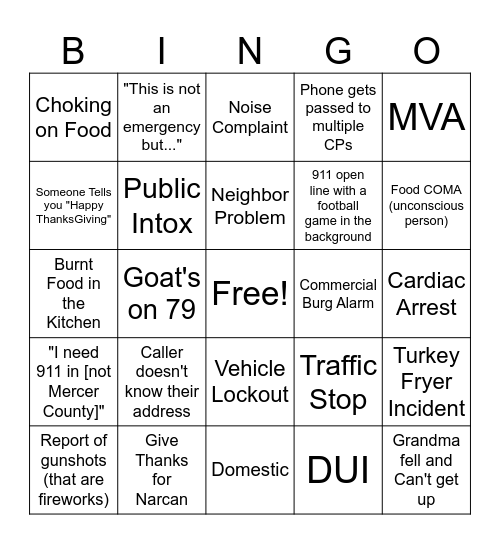 911 Thanksgiving Bingo Card