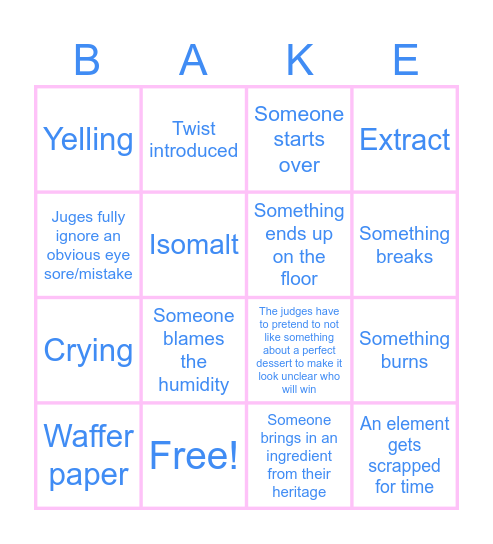 Baking Show Bingo Card