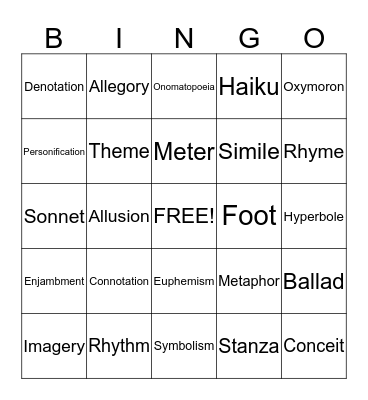 Poetry Bingo Card