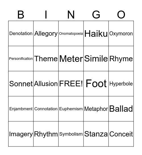 Poetry Bingo Card