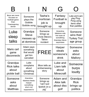 Thanksgiving Trip Bingo Card