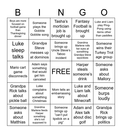 Thanksgiving Trip Bingo Card