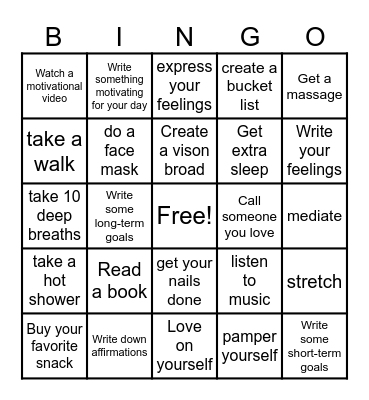 Self-Care Bingo Card