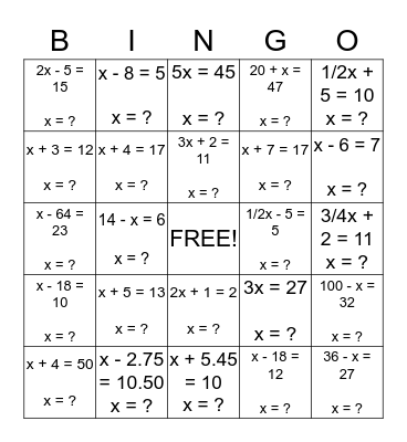 Algebra BINGO! Bingo Card