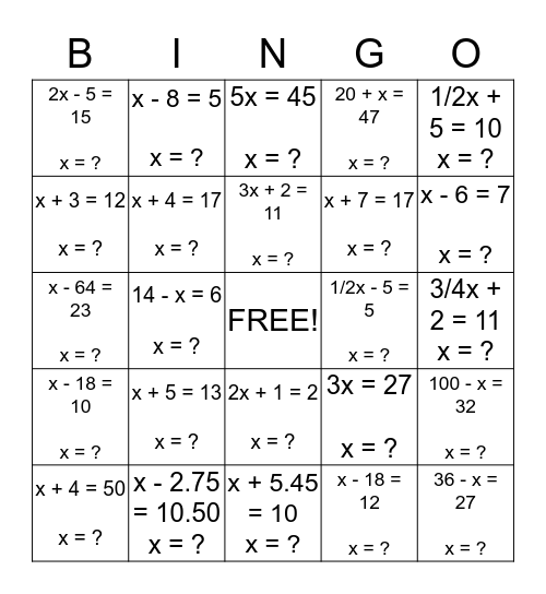Algebra BINGO! Bingo Card