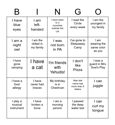 Find Yehudis's Friends Bingo Card