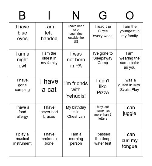 Find Yehudis's Friends Bingo Card