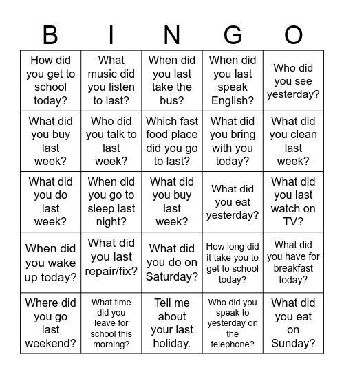 What did you do ... ? Bingo Card