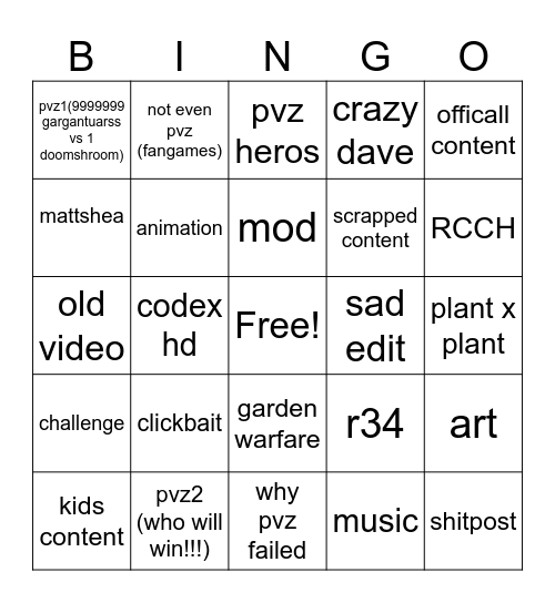 pvz youtube Bingo Card