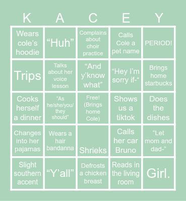 Kacey Bingo Card