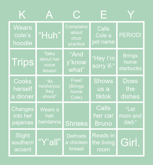 Kacey Bingo Card