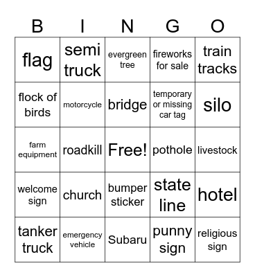 Daytime Road Trip Bingo Card