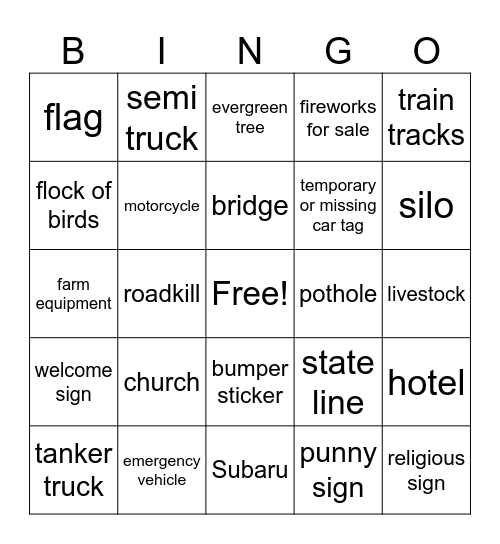 Daytime Road Trip Bingo Card