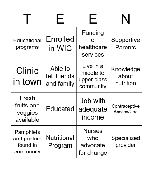 Adolescent Pregnancy Bingo Card