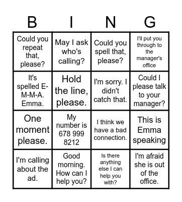 How to handle a phone call Bingo Card