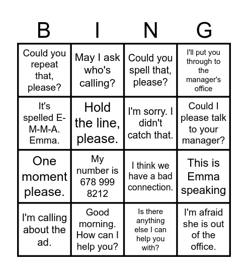 How to handle a phone call Bingo Card