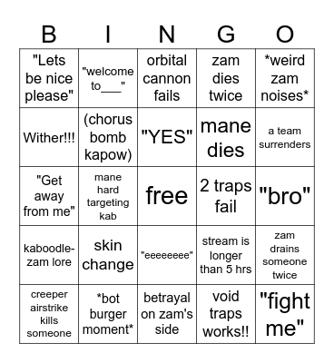 Zam Bingo Card