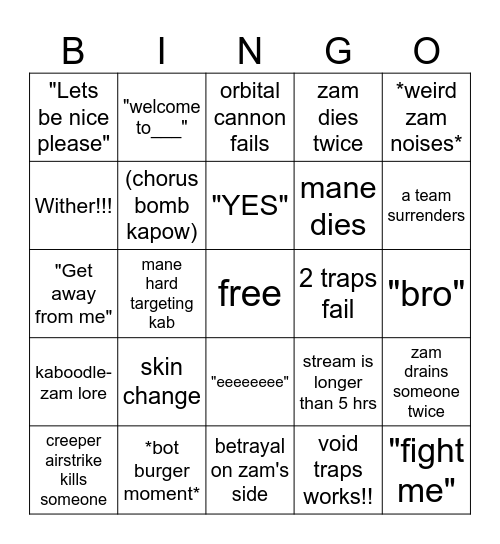 Zam Bingo Card