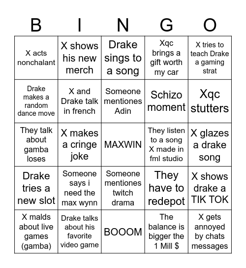 DRAKE x XQC BINGO Card