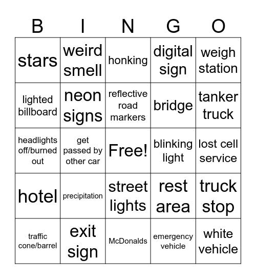 Nighttime Road Trip Bingo Card